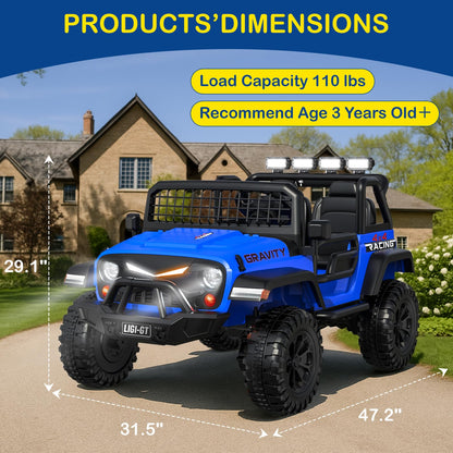 Blue toy truck with dimensions and product details on a suburban background