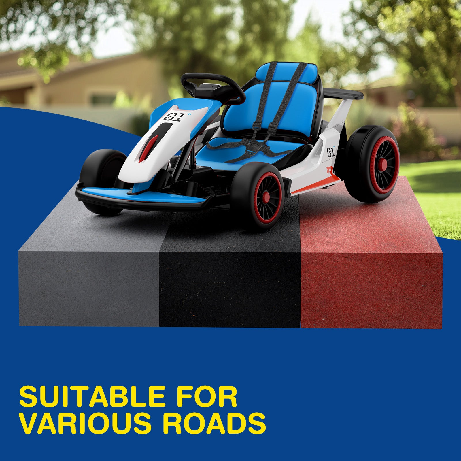 Children's toy go-kart on a checkered platform with a blue background