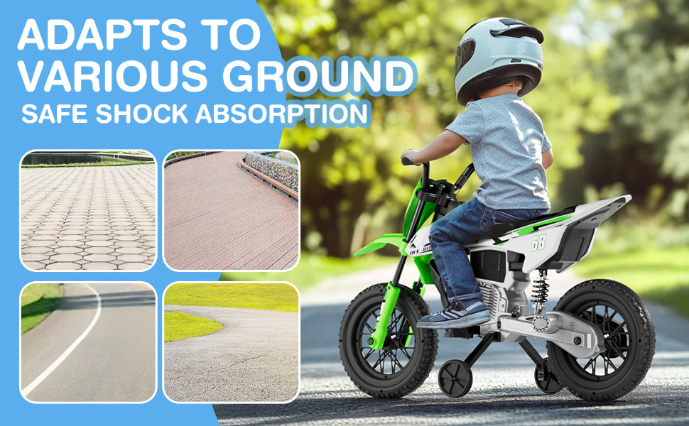 Child riding a green and white motorcycle on a road with safety features highlighted.