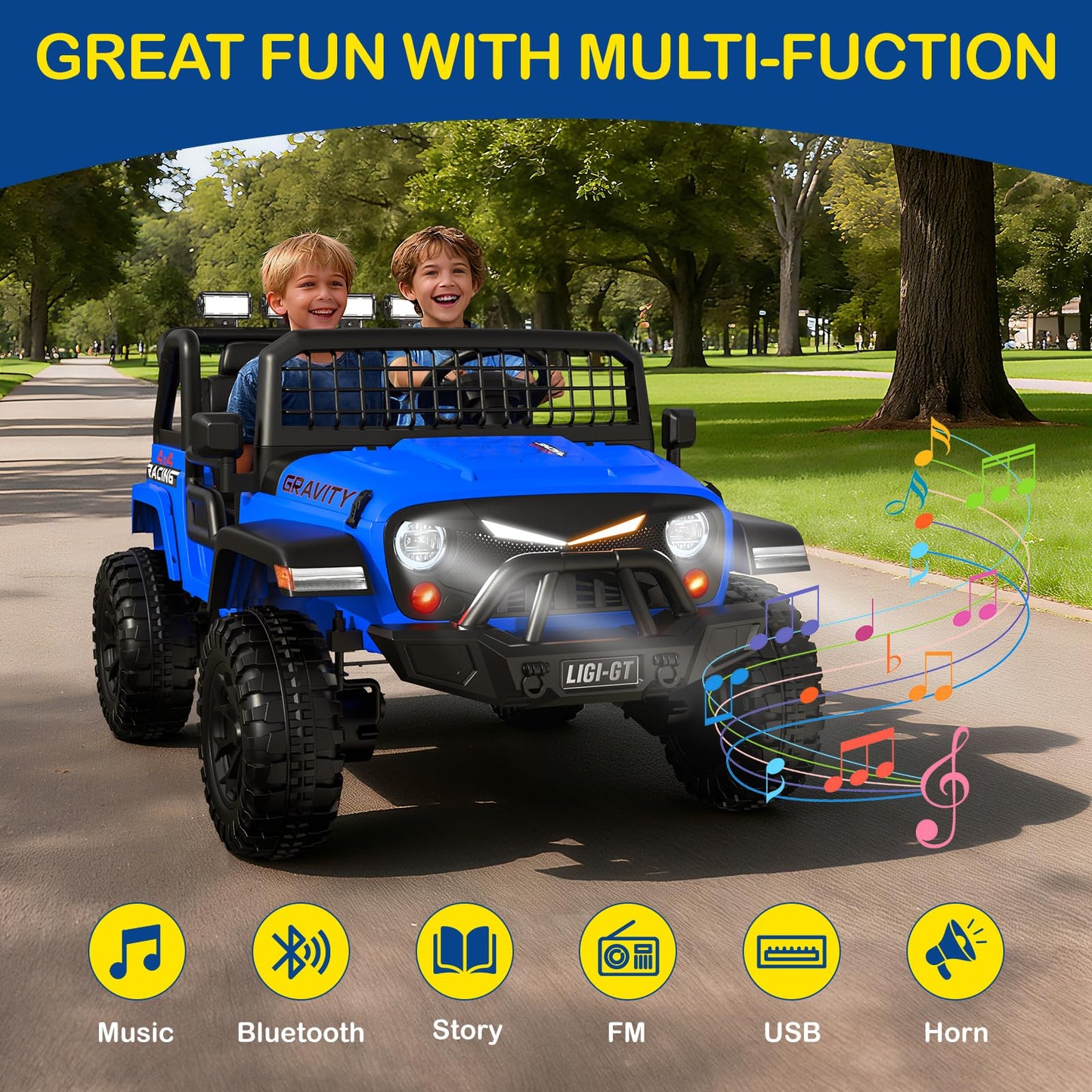 Children playing with a blue toy ride-on car in a park, with text about multi-function features.