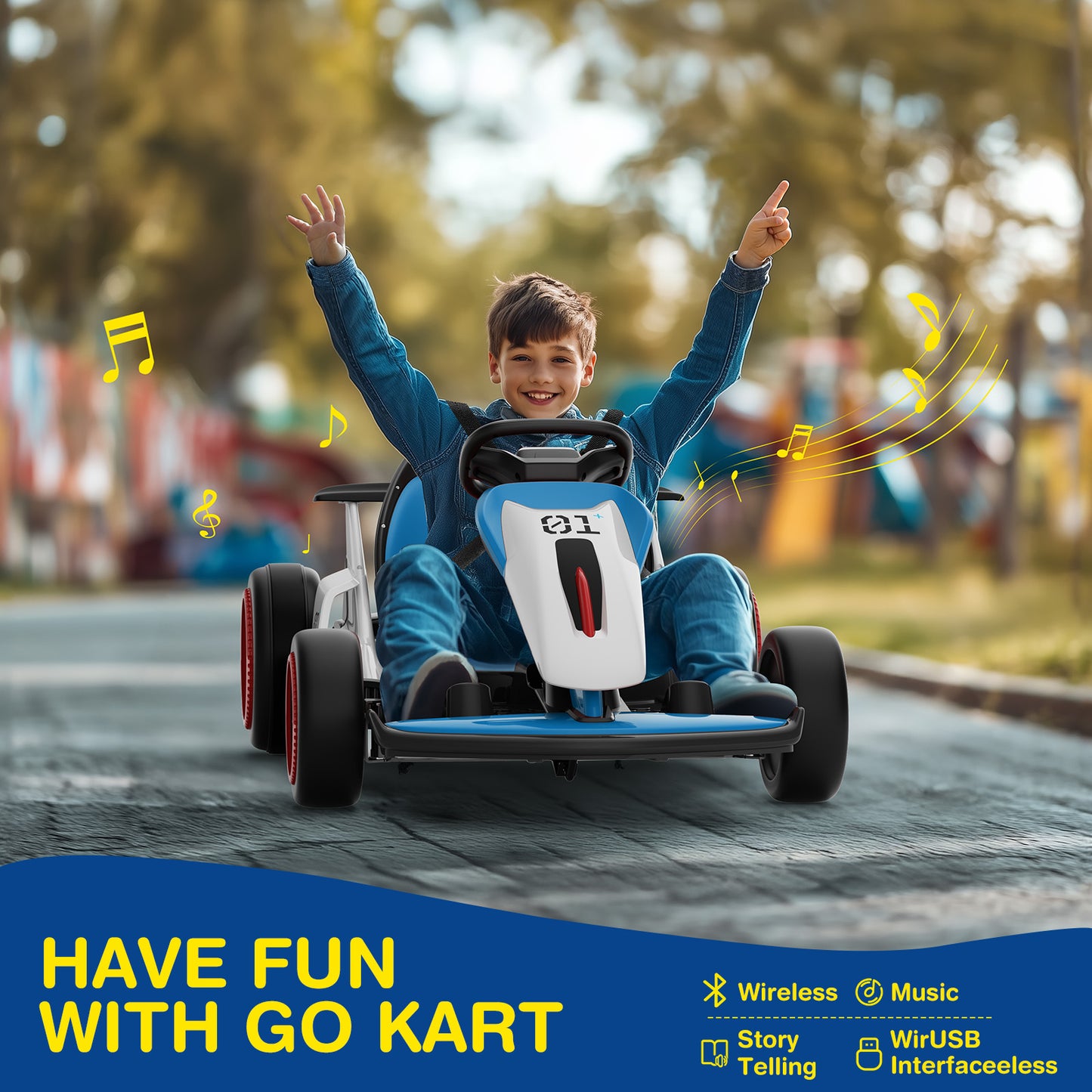 Child in a go-kart with text 'Have fun with go kart' and product features.