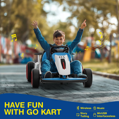 Child in a go-kart with text 'Have fun with go kart' and product features.