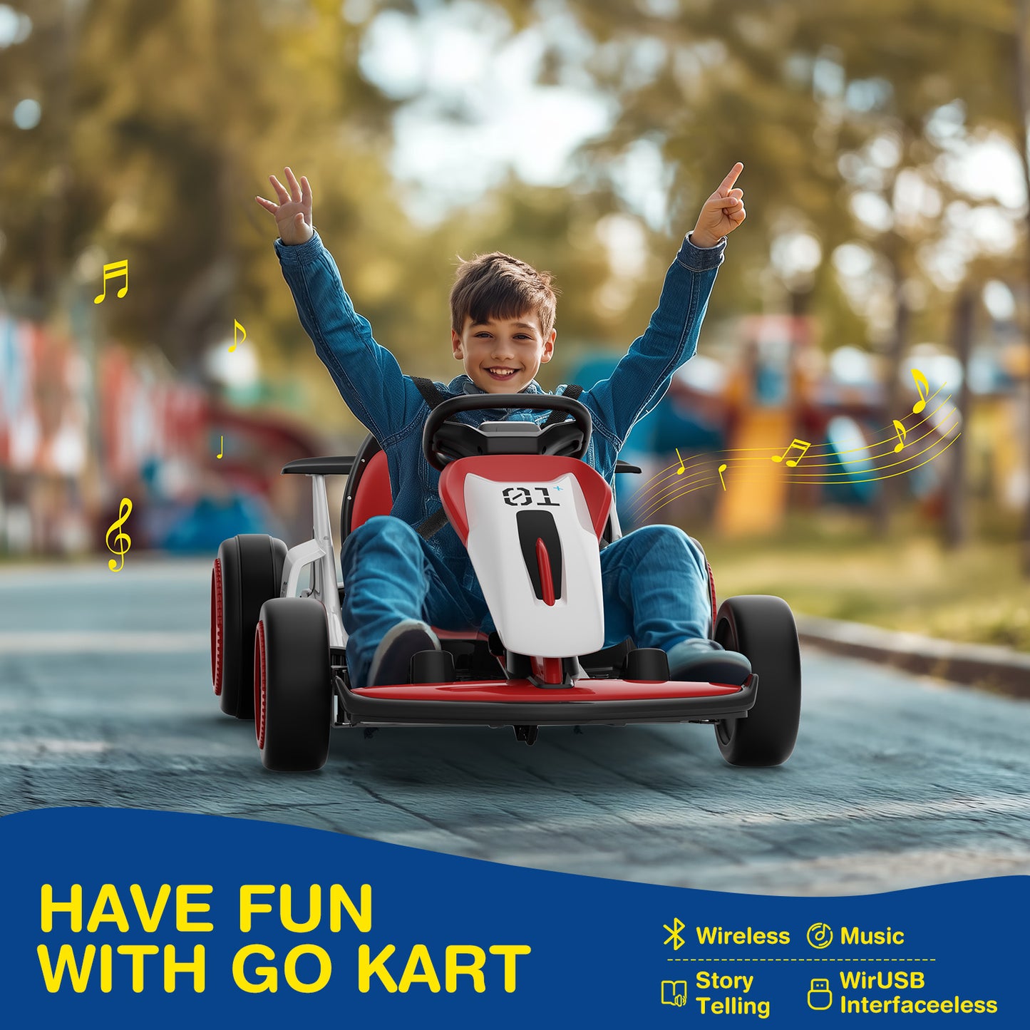 Child in a go-kart with raised arms on a track, surrounded by nature.
