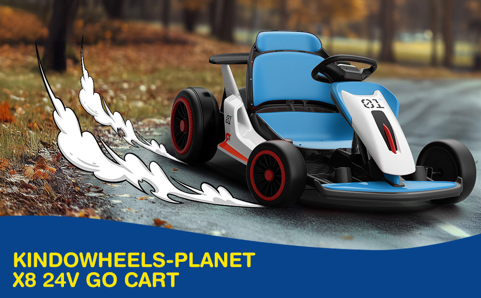 Blue and white go cart with red accents on a road, labeled 'KINDOWHEELS-PLANET X8 24V GO CART'.