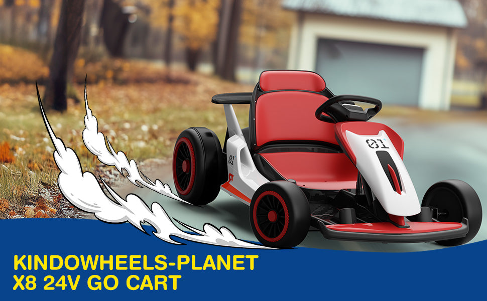 Red and white go cart with smoke effect on a road, brand 'KINDOWHEELS-PLANET' visible.
