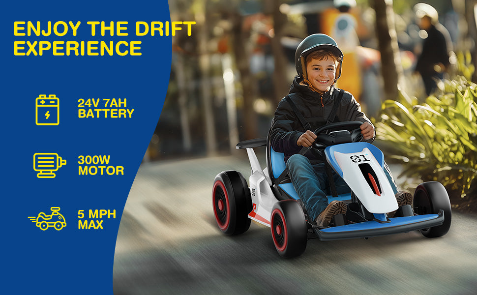 Child driving a go-kart with product features displayed on the left.