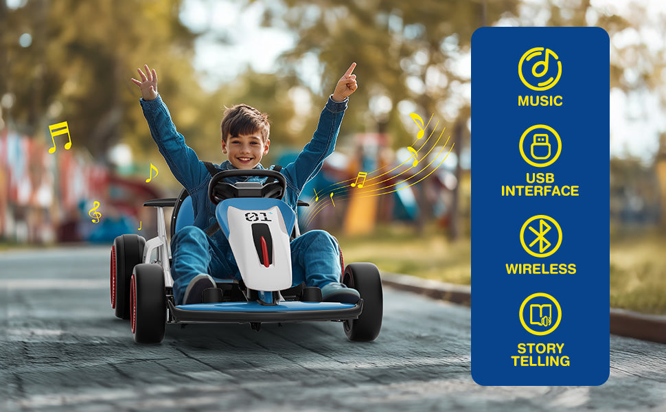 Child in a toy car with music and technology features displayed on a blue panel.