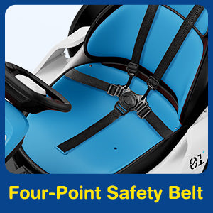 Blue car seat with four-point safety belt system