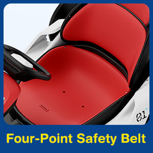 Red motorcycle seat with four-point safety belt system