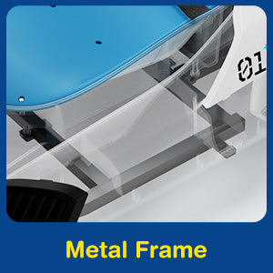 Close-up of a metal frame with blue and gray colors, labeled 'Metal Frame'.