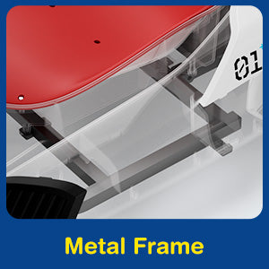 Close-up of a metal frame with red and white components, labeled 'Metal Frame'.