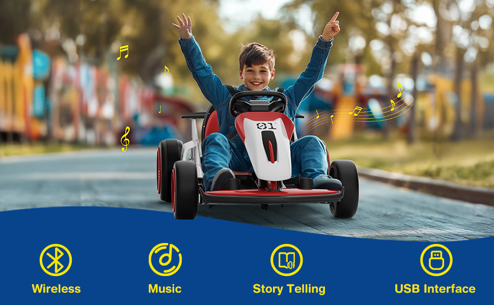 Child playing with a toy go-kart in an amusement park setting, with icons and text indicating features like wireless, music, story telling, and USB interface.