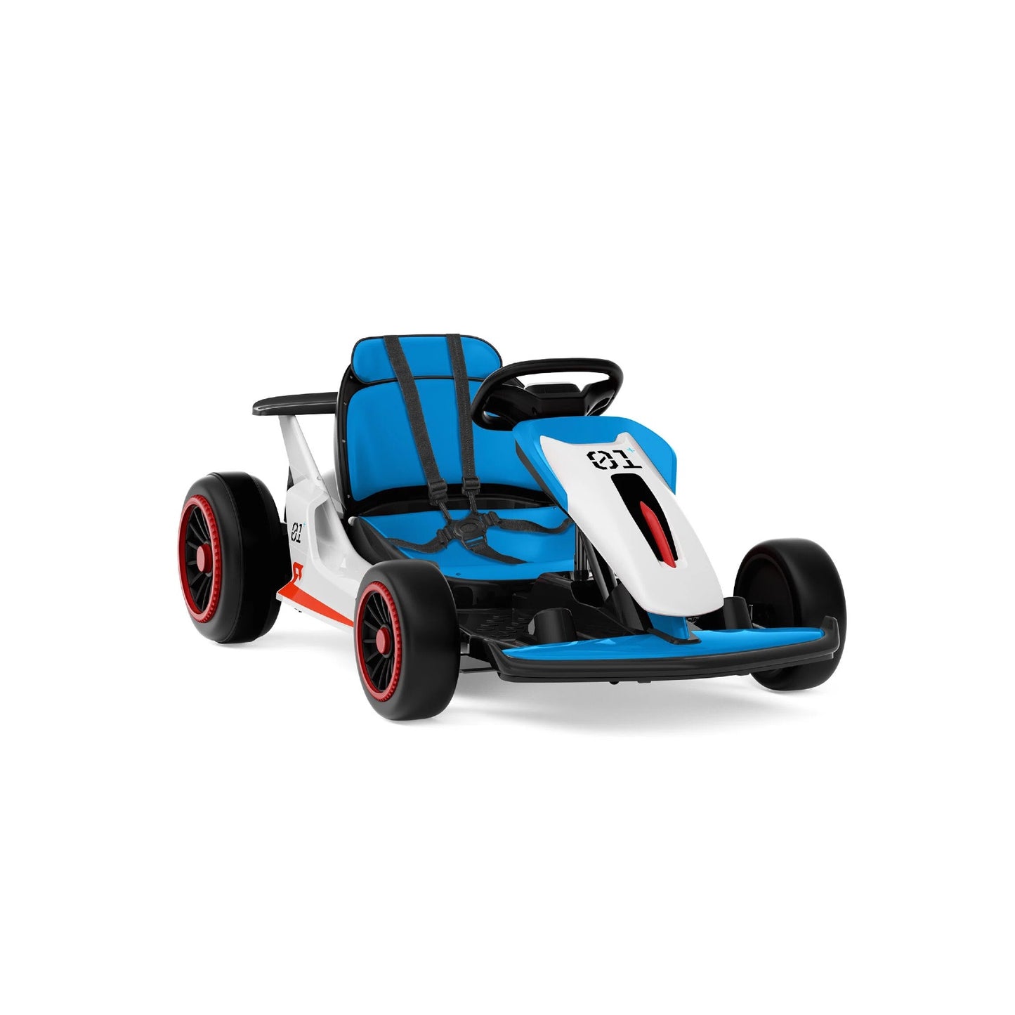 Children's go-kart with blue seat and white body on a white background