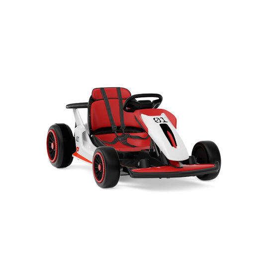 Red and white toy go-kart on a white background