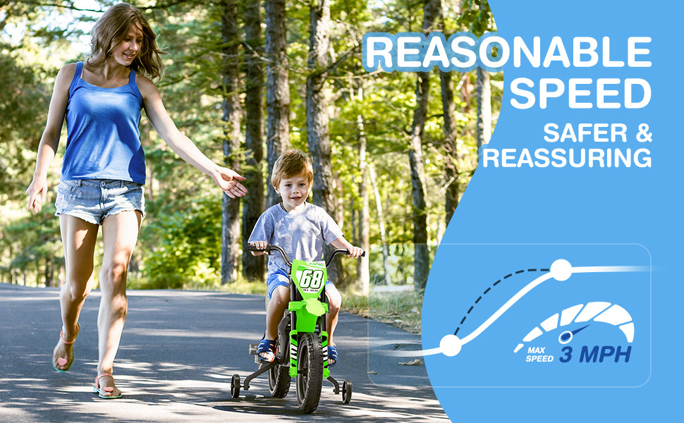 Woman walking with a child on a motorcycle in a park, with text about reasonable speed.
