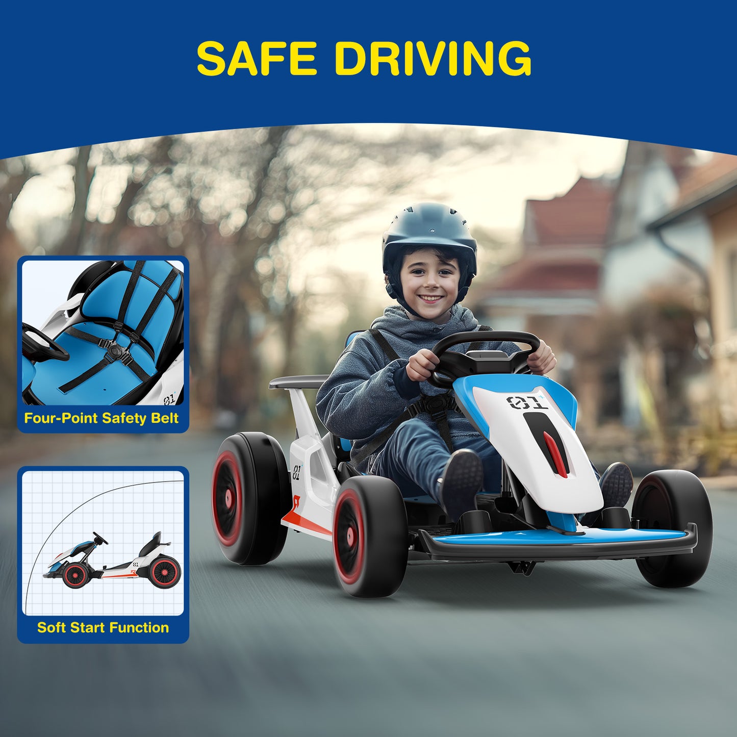 Child driving a toy go-kart with safety features highlighted, on a road with blurred background.