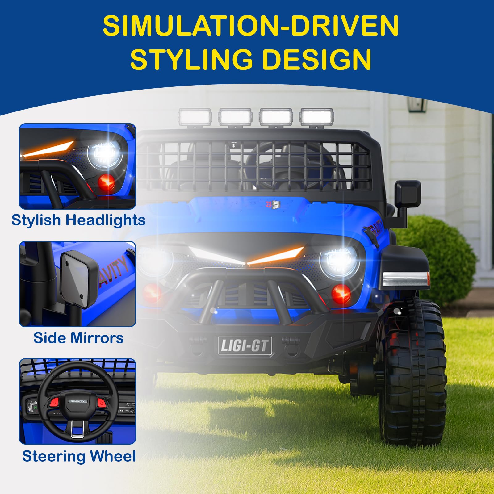 Blue off-road vehicle with steering wheel, side mirrors, and headlights displayed on a grassy area.