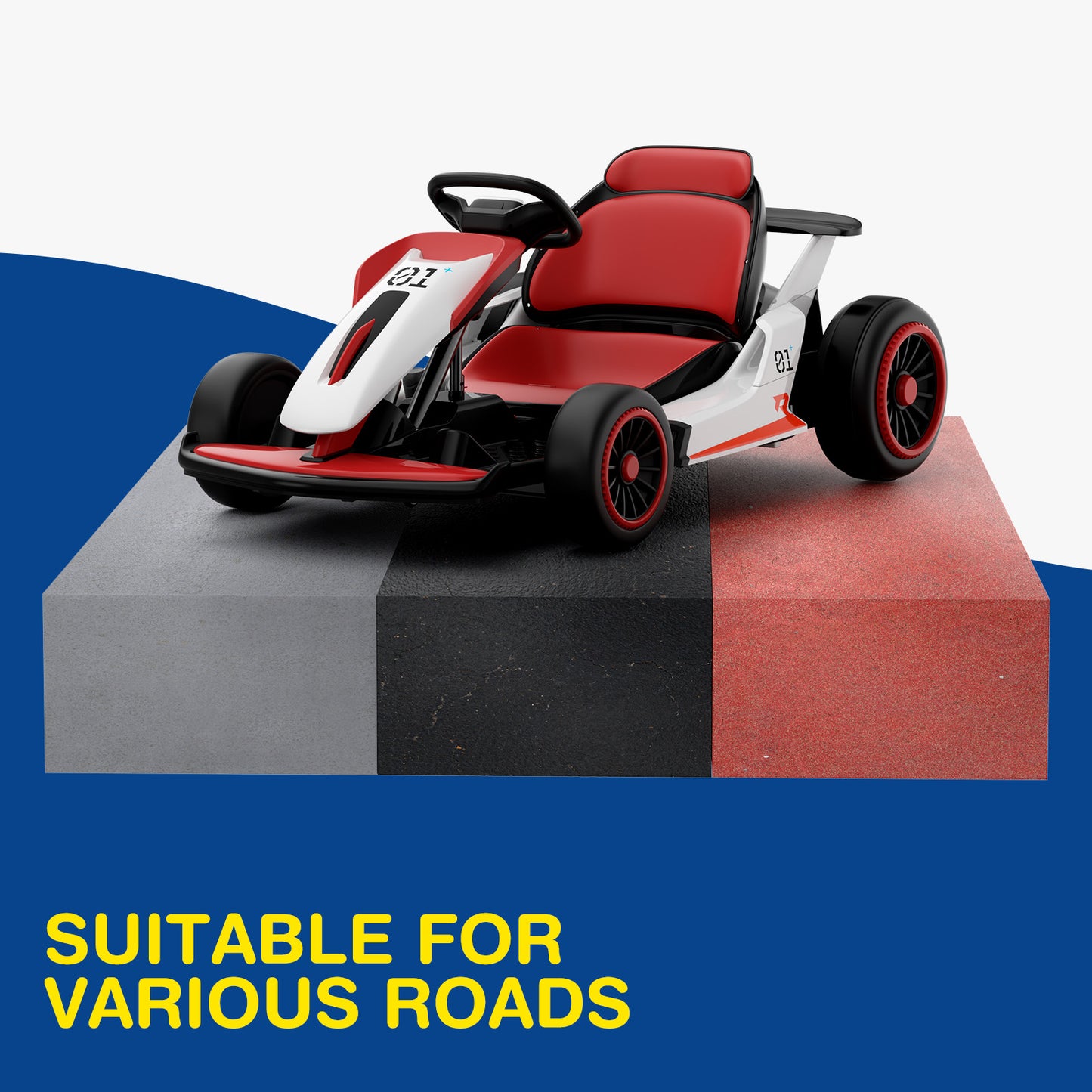 Red and white toy go-kart on a checkered platform with a blue background