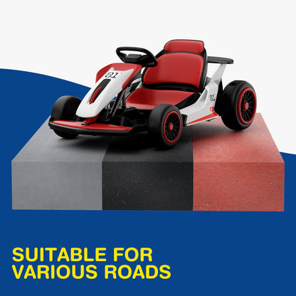 Red and white toy go-kart on a checkered platform with a blue background
